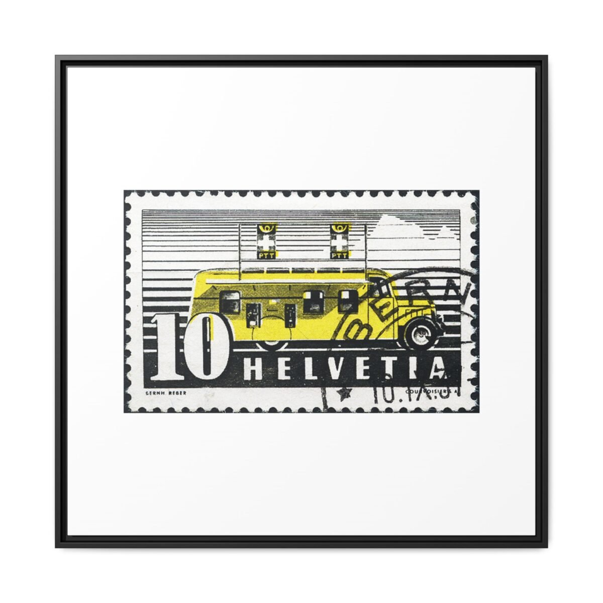 'Helvetia' Yellow Swiss Bus Stamp Framed Canvas Print